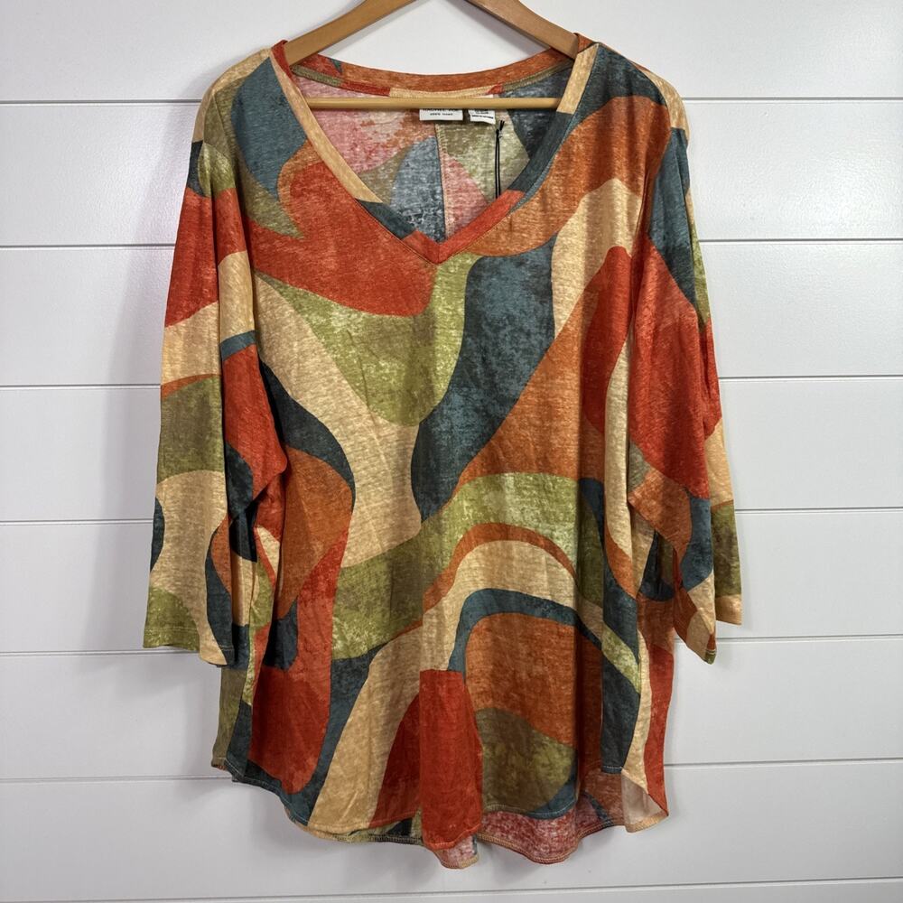 Rachel Zoe 100% Linen V-Neck Shirt Multicolor Geometric Print sz 3X